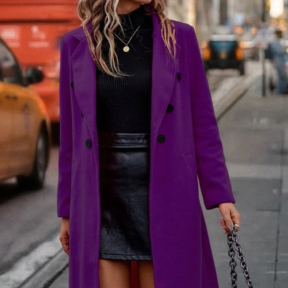 Lapel Neck Double Breasted Overcoat purple - Picture 3 of 5